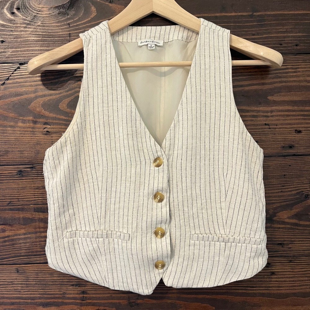 Hunter & Brown Pinstripe Vest Womens L Cream Linen Blend Academia Preppy Office